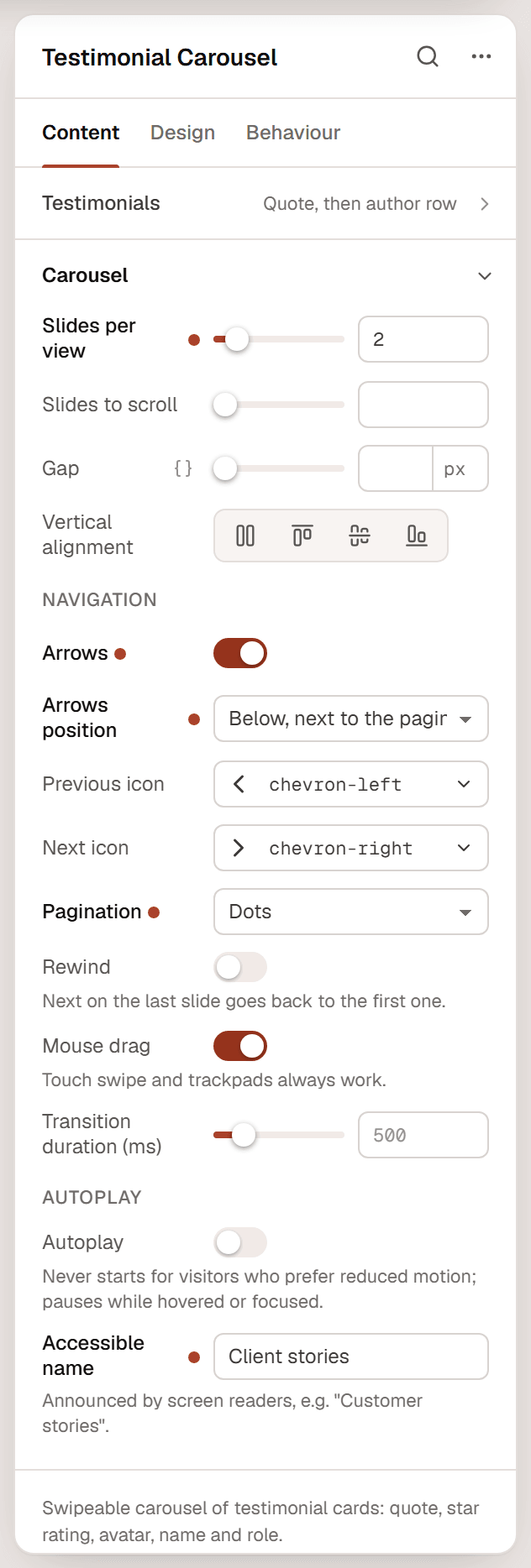 The Testimonial Carousel settings with the Carousel section open, showing Slides per view, Slides to scroll, Gap, Vertical alignment, Navigation and Autoplay options