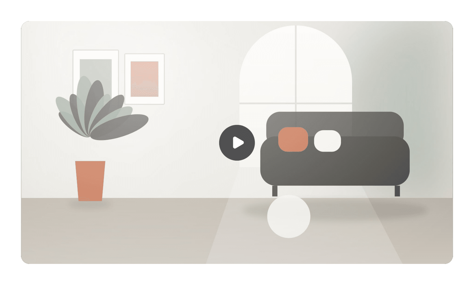 A video preview with a room illustration as the poster, rounded corners and a round dark play button in the middle